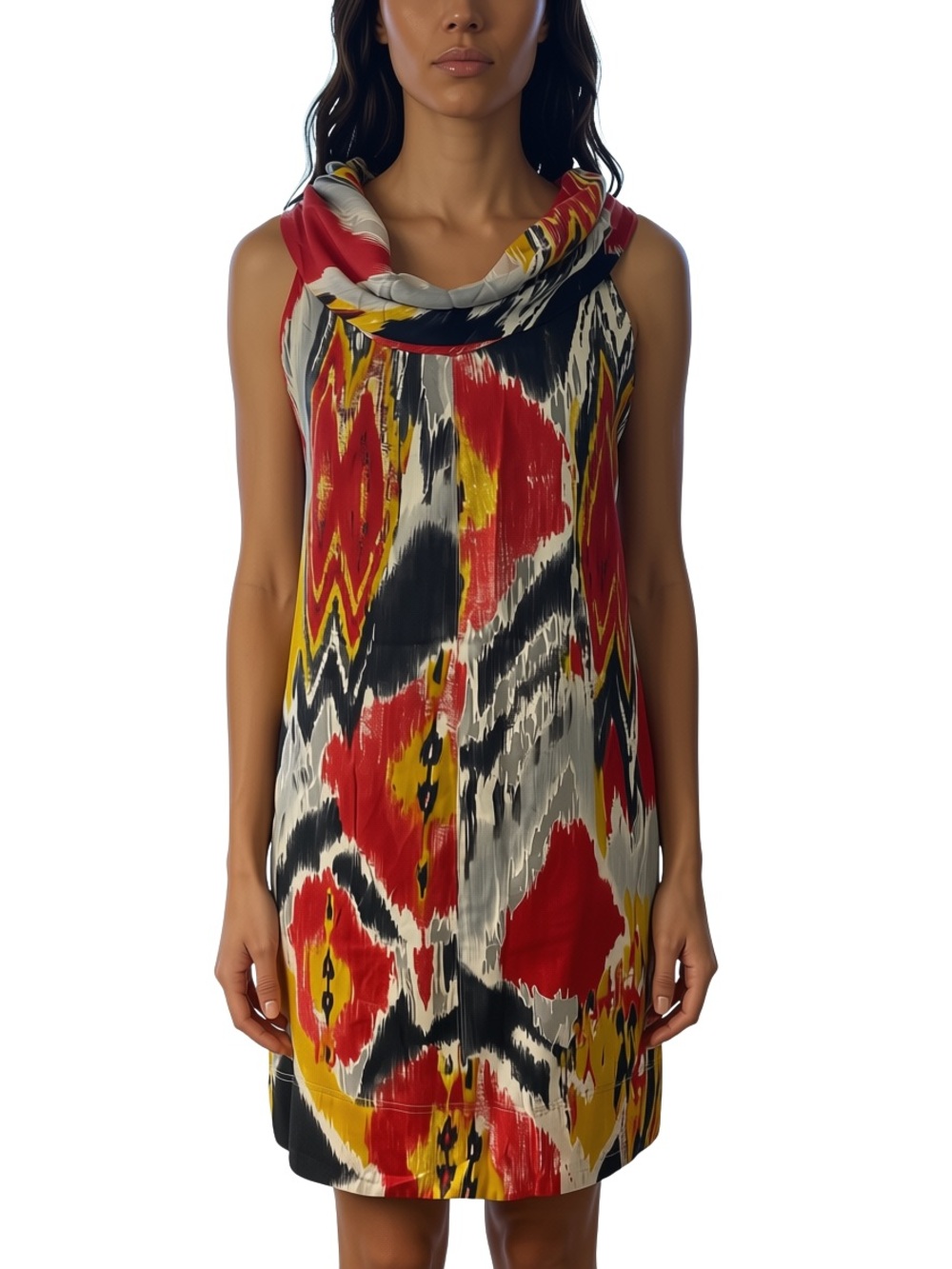 Zara Sleeveless Cowl Neck Mini Dress in Red, Yellow, Black & Cream